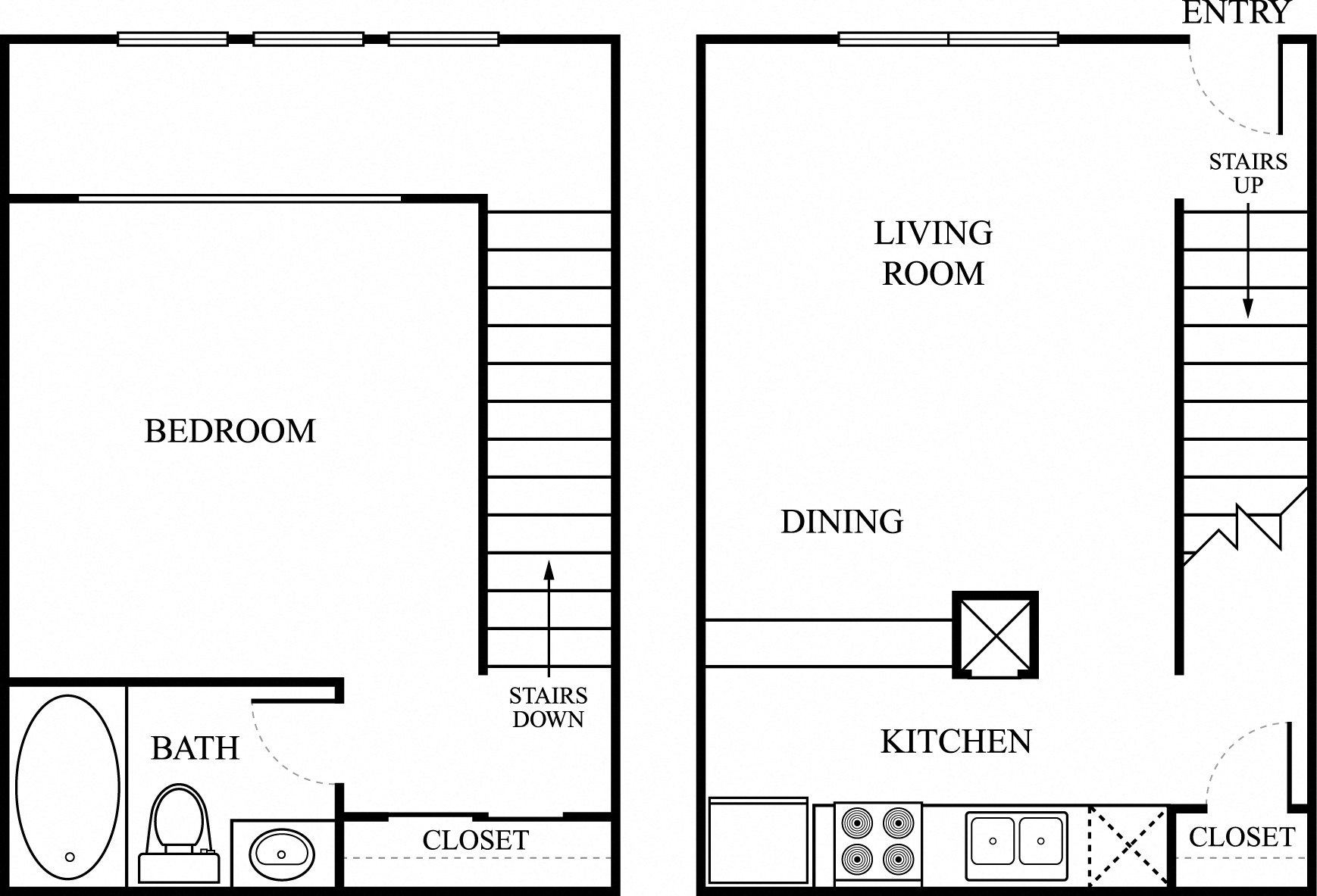 Floor plan for 1 bed, 1 bath, 531 sqft